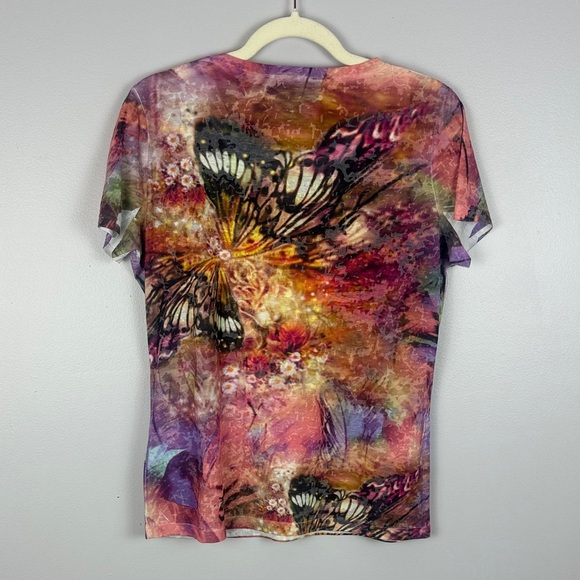 Elena Wang Vibrant Tie Dye Butterfly Print Semi Sheer Short Sleeve Tee Size M - Picture 9 of 9